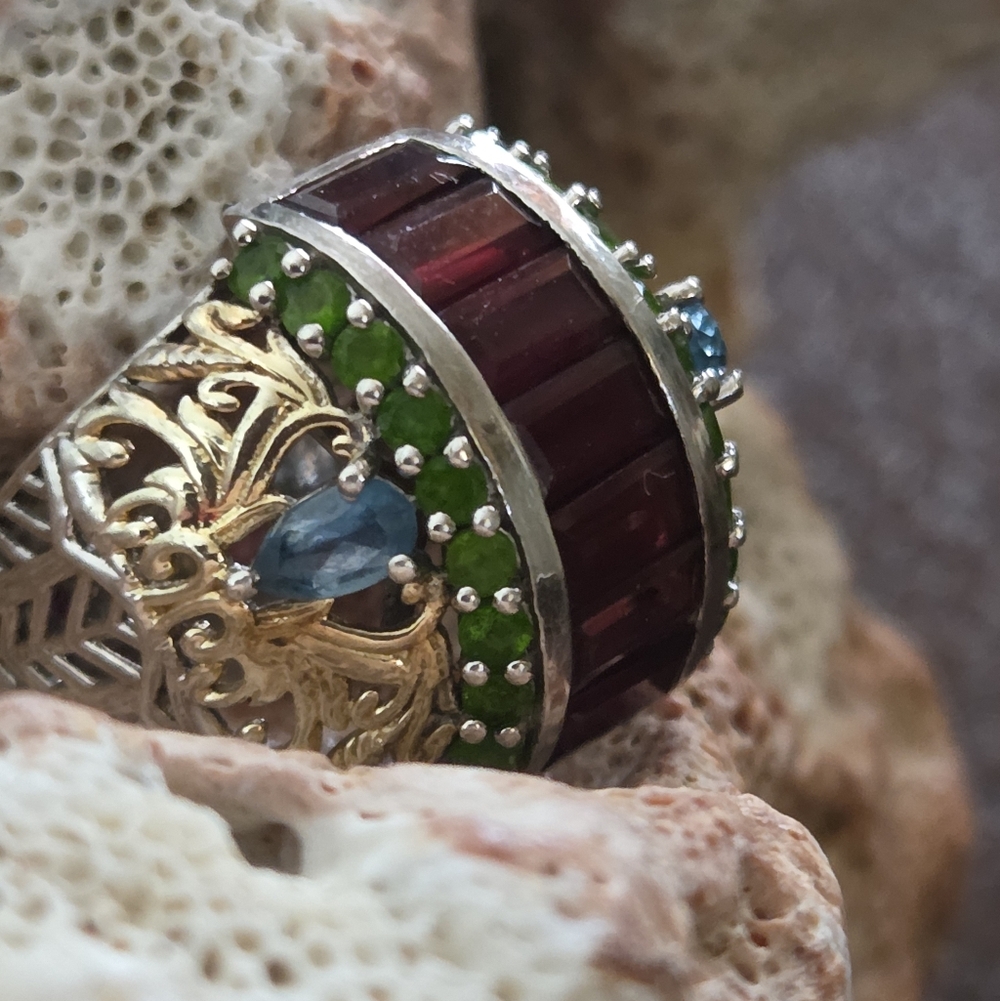 Sterling Silver Dome Ring With Multi Gemstones - image 1